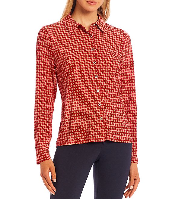 Color:Scarlet Multi - Image 1 - Houndstooth Print Button Front Point Collar Long Sleeve Shirt