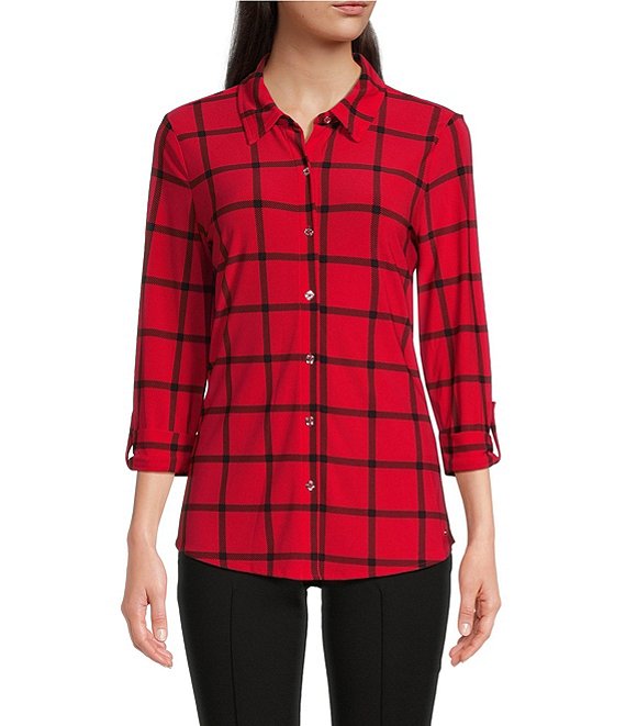 Color:Samba Multi - Image 1 - Knit Plaid Print Point Collar Long Roll-Tab Sleeve Button Front Shirt