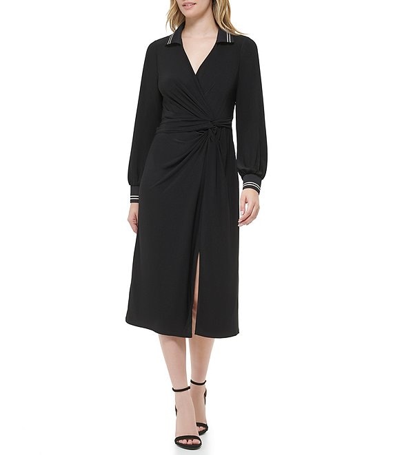 Color:Black - Image 1 - Long Sleeve Surplice Collar V-Neck Front Slit Twist Jersey Midi Dress