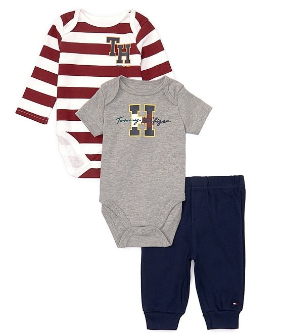 Color:Assorted - Image 1 - Newborn-6 Months Long Sleeve Striped Bodysuit, Short Sleeve Solid Bodysuit & Jogger Pants Set