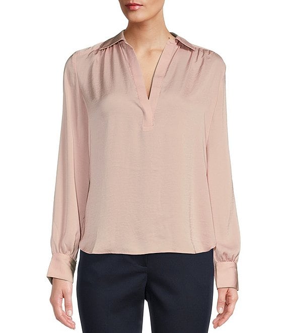 Color:Misty Rose - Image 1 - Point Collar V-Neck Long Cuffed Sleeve Blouse