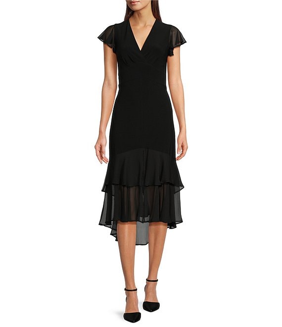 Color:Black - Image 1 - Short Sleeve V-Neck Flutter Hemline Empire Waist Midi Dress