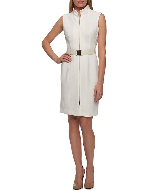 Color:Ivory - Image 1 - Sleeveless Stand Collar Zip Front Belted Scuba Sheath Dress