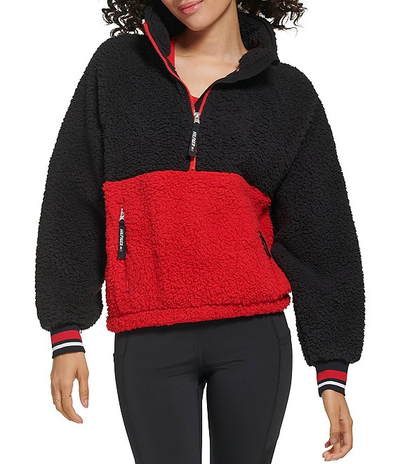 Color:Black/Red - Image 1 - Sport Faux Sherpa Half Zip Pullover