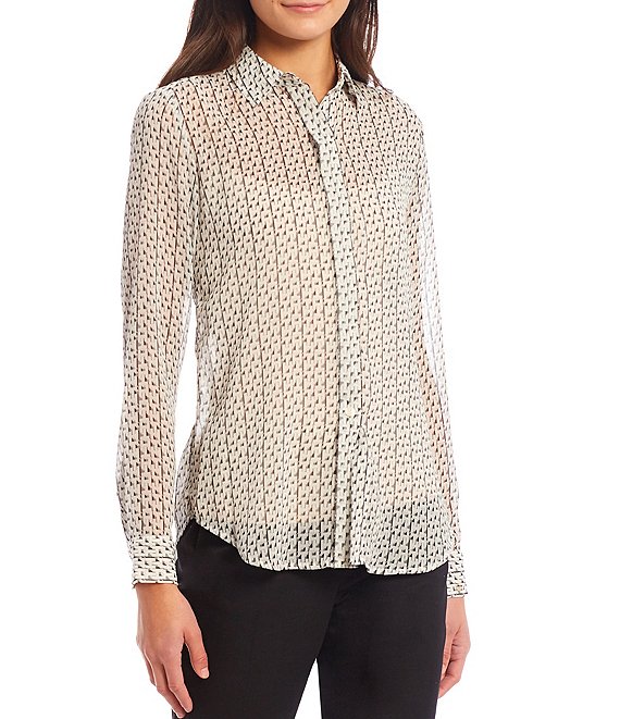 Tommy Hilfiger Womens Cotton Print Button-Down Top Ivory XL