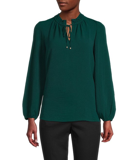 Color:Forest - Image 1 - Tie Ruffle Neck Long Sleeve Top