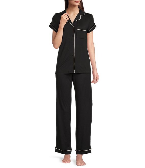 Color:Black - Image 1 - Short Sleeve Notch Collar Button Front Pajama Set