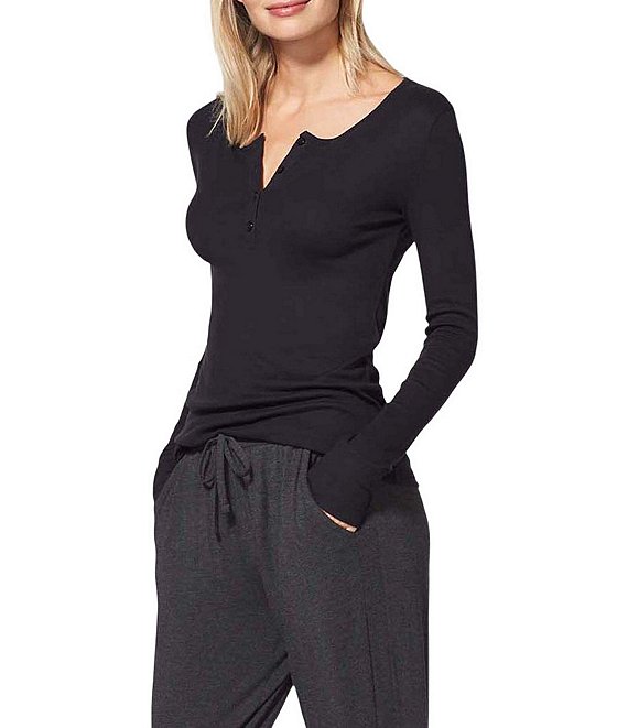 Tommy John Solid Long Sleeve Henley Neck Coordinating Lounge Top, Black - Image 1