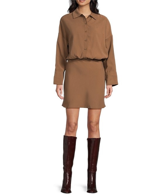 TOPSHOP Collared Long Sleeve Micro Mini Shirt Dress, Brown - Image 1