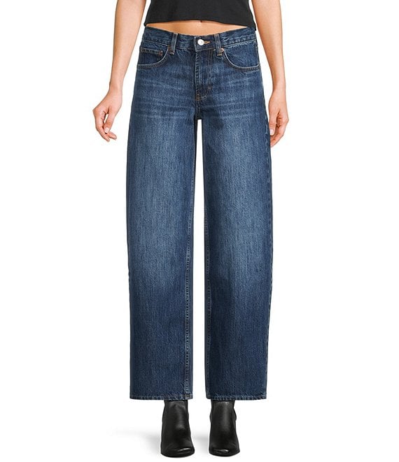 TOPSHOP Low Rise Wide Leg Jeans, Mid Blue - Image 1