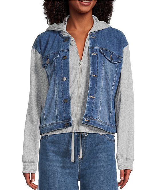 Tractr Tractr Blu Color Block French Terry Denim Long Sleeve Hooded Jacket, Medium Indigo - Image 1