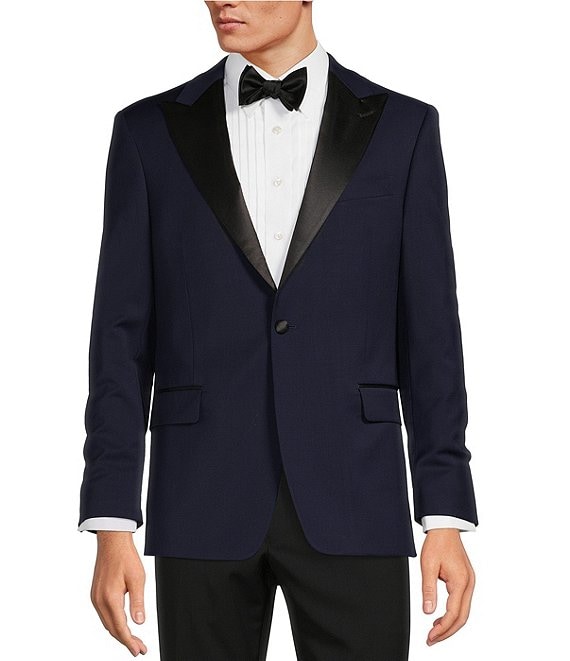 Color:Navy - Image 1 - Modern Fit Pique Lapel Tuxedo Jacket
