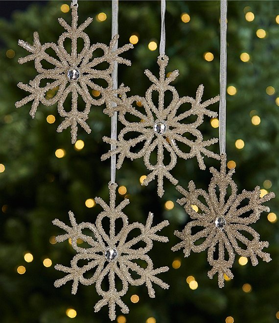 Trimsetter Deck The Halls Collection Champagne Crusted Snowflake Ornament  4-Piece Set