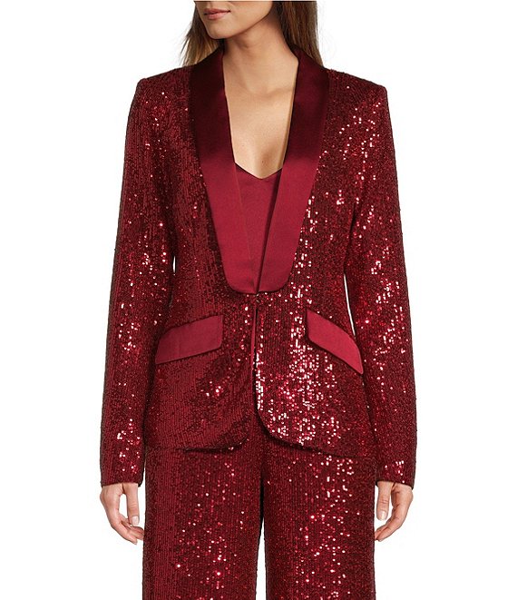 Color:Ruqa Red - Image 1 - Ai Allover Sequin Shawl Lapel Neck Long Sleeve Satin Trim Coordinating Blazer