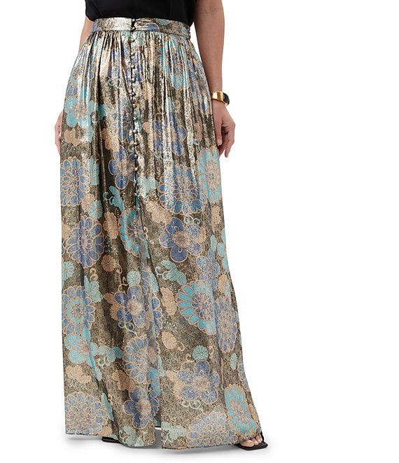 Trina Turk Akura Metallic Silk Floral Print Pocketed Maxi Skirt