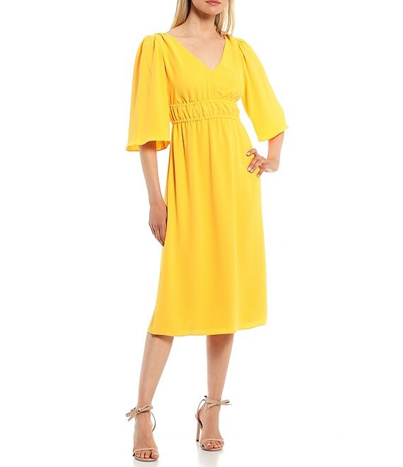 Color:Mimosa - Image 1 - Bonnie V-Neck Flare Sleeve Empire Waist Dress