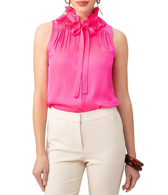 Color:Downtown Pink - Image 1 - Cinzia Stretch Satin High Ruffled Mock Neck Sleeveless Button Front Top