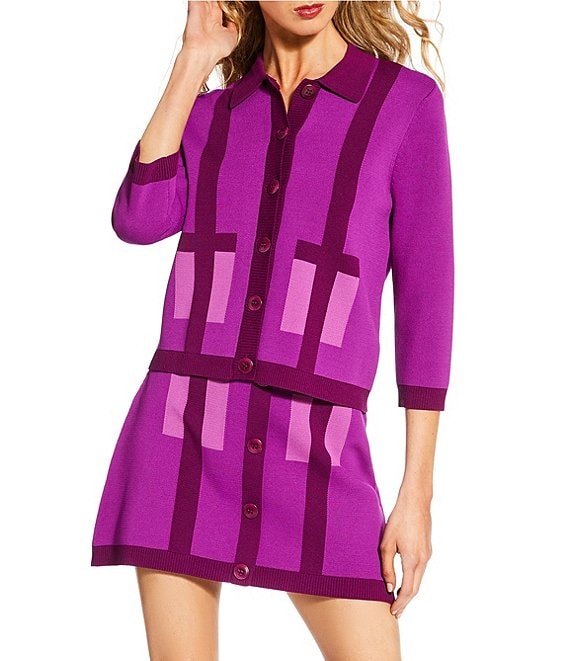 Trina Turk Coordinating Gaia Colorblock Knit Point Collar 3/4 Sleeve Button Front Cardigan, Elderberry - Image 1