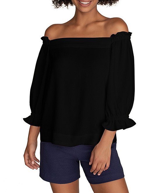 Color:Black - Image 1 - Equinox Off-the Shoulder Ruched 3/4 Puffed Sleeve Top