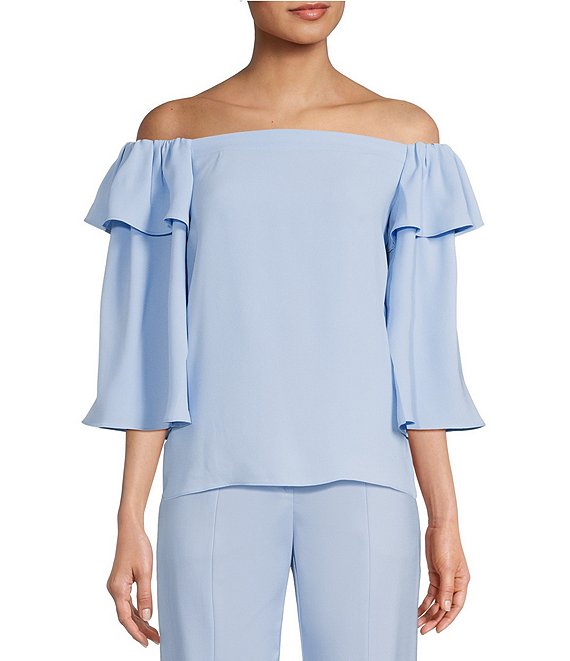 Trina Turk Excited Woven Off-the-Shoulder 3/4 Sleeve High-Low Hem Ruffled Top