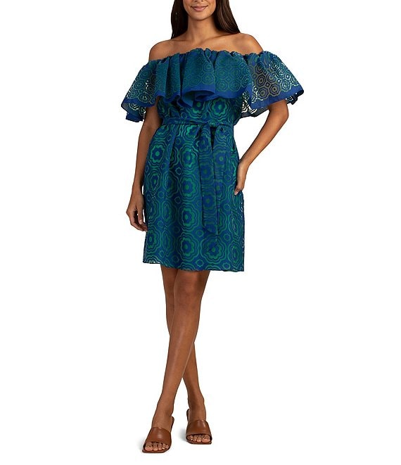 Trina Turk Flowery 2 Mod Floral Print Sheer Burnout Woven Off-the-Shoulder  Ruffled Belted Dress