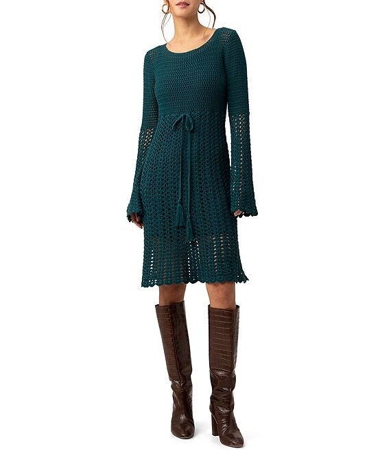 Trina Turk Gloria Mixed Stitch Crochet Knit Scoop Neck Long Bell