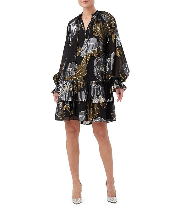 Trina Turk Hinode Metallic Floral Split V-Neck Long Sleeve Tiered Hem ...