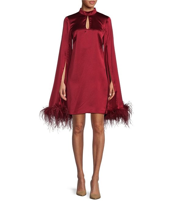 Color:Ruqa Red - Image 1 - Hiromi Satin Mock Neck Feather Trim Cape Shift Dress