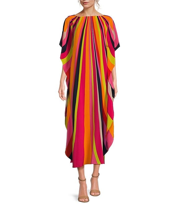 Trina Turk Jalani Boat Neck Stripe Print Maxi Caftan Dress