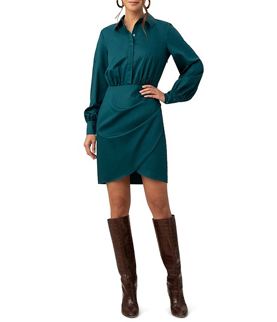 Color:Greenwich Green - Image 1 - Kaye Organic Cotton Sateen Point Collar Long Sleeve High-Low Tulip Hem Shirt Dress