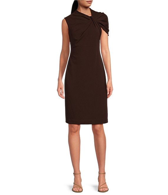 Trina Turk Keshi Stretch Woven Asymmetrical Twist Neck Short Sleeve Midi Sheath Dress Dillard s