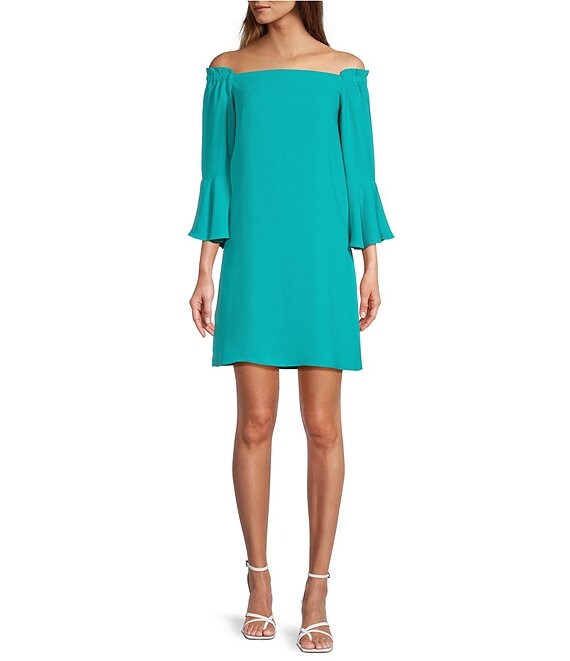 Trina Turk Knox Solid Woven Off-The -Shoulder Long Bell Sleeve Shift ...