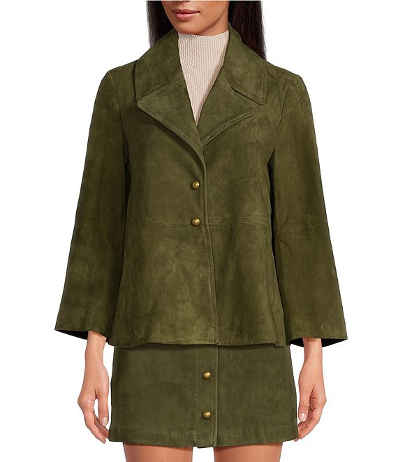 Trina Turk Lorette Goat-Suede Notch Lapel Collar 3/4 Flared Sleeve  Button-Front Coordinating Jacket