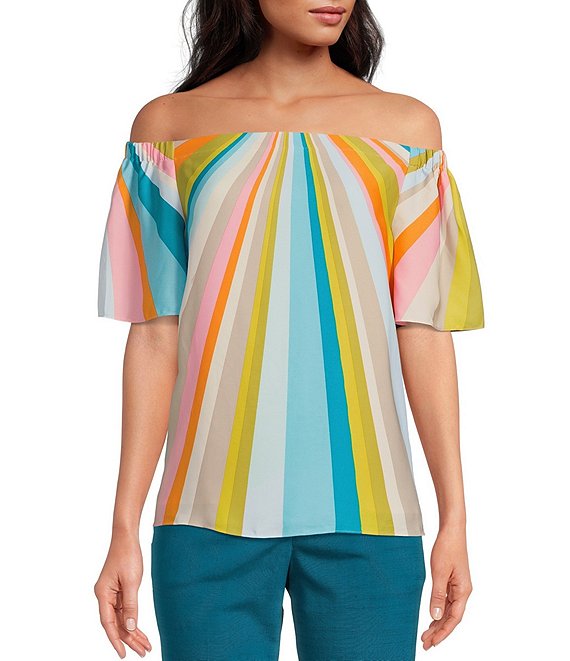 Color:Multi - Image 1 - Loveable Colorful Stripe Print Off-the-Shoulder Short Sleeve Top