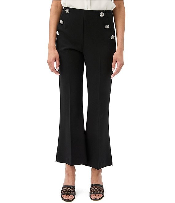 Trina Turk Luhrmann Mid-Rise Embellished Button Kick Flare Cropped Pants, Black - Image 1