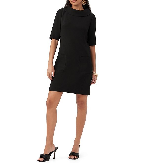Color:Black - Image 1 - Maleko Woven Funnel Neck Short Sleeve Pocketed Shift Dress