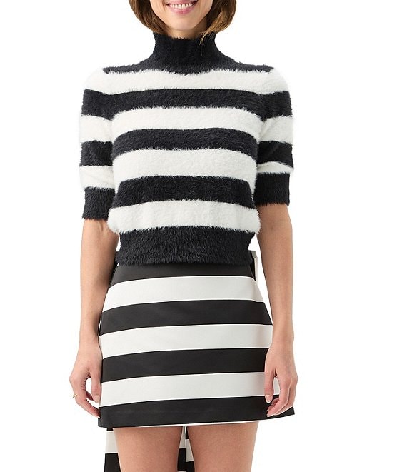 Trina Turk Mali Fuzzy Stripe Mock Neck Elbow Sleeve Sweater, Black/White - Image 1