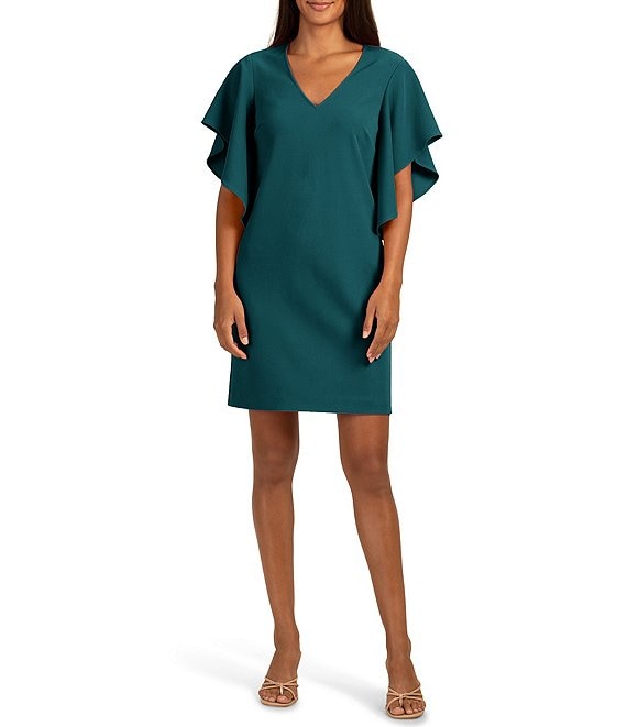 Color:Greenwich Green - Image 1 - Moore Woven V-Neck Short Dolman Ruffled Sleeve Shift Dress