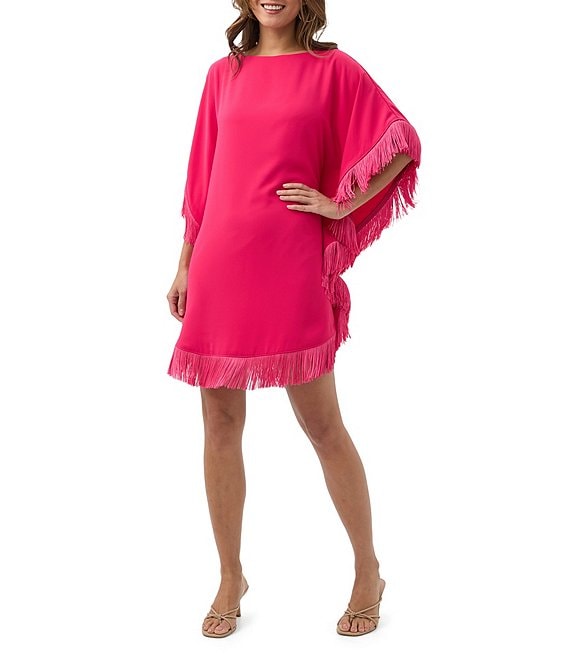 Trina Turk Neena Georgette Boat Neck Short Dolman Sleeve Fringe Caftan Mini Dress, Forrest Rose - Image 1