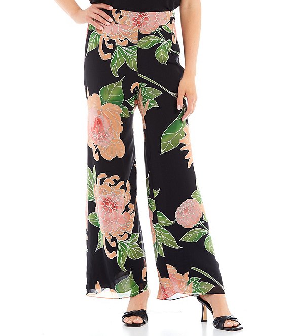 Color:Multi Black - Image 1 - Parsley Floating Chrysanthemum Floral Print Wide Leg Pull-On Coordinating Pants