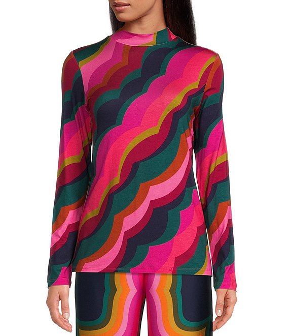 Color:Multi - Image 1 - Pierce Multi-Colored Scallop Print Jersey Knit Mock Neck Long Sleeve Coordinating Top