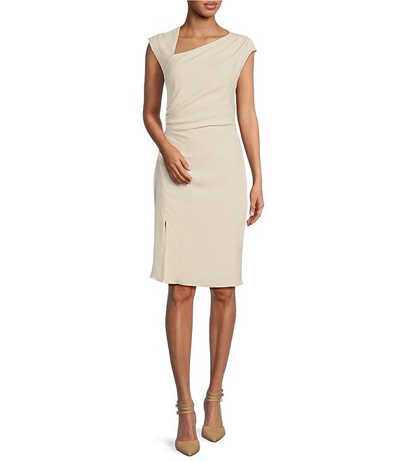 Color:Sancerre - Image 1 - Plaza Woven Asymmetric Neck Ruched Side Slit Midi Sheath Dress