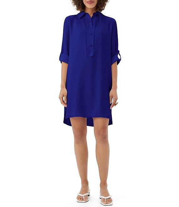 Color:Sapphire - Image 1 - Portrait Woven 3/4 Roll-Tab Sleeve Button Front Shirt Dress