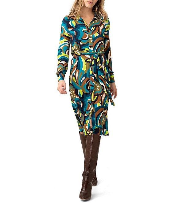 Color:Tribeca Teal Multi - Image 1 - Radio City Jersey Knit Pop Art Print Point Collar Long Sleeve Belted Midi Shirt Dress
