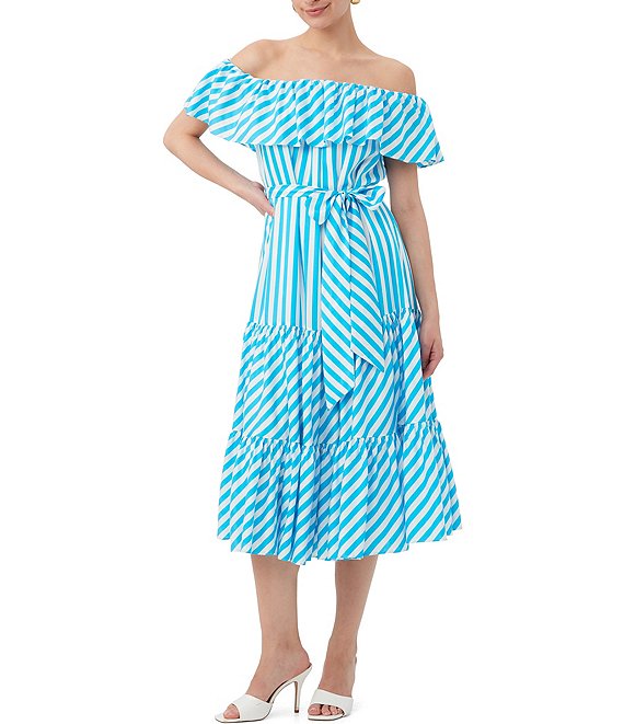 Trina Turk Salima 2 Woven Stripe Print Off-The-Shoulder Ruffle Belted ...