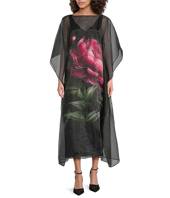 Trina Turk Salon Floral Placement Organza Boat Neck Butterfly Sleeve Dress, Multi - Image 1