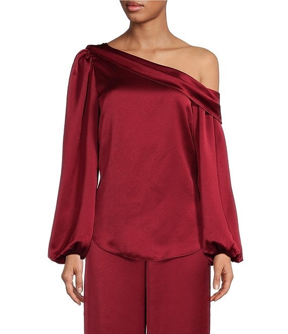 Color:Ruqa Red - Image 1 - Satin Asymmetric One Shoulder Long Sleeve Top