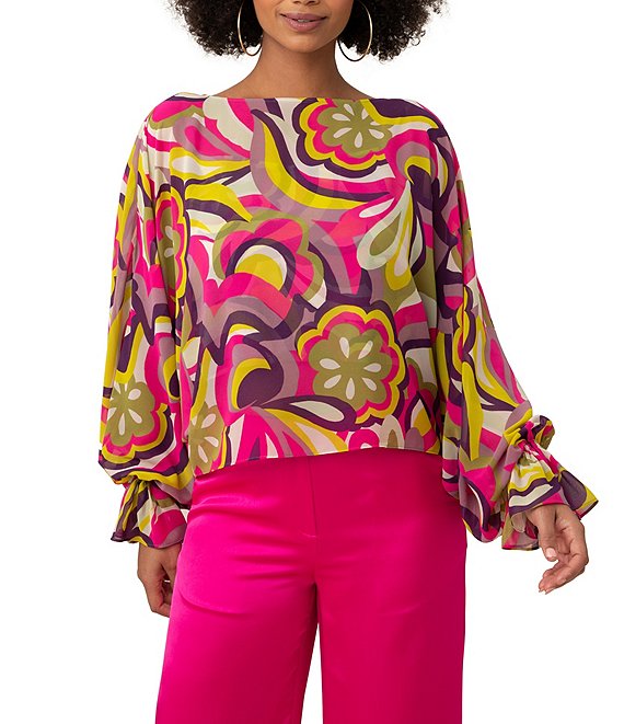 Trina Turk Soho Woven Pop Art Print Boat Neck Long Blouson Sleeve Top