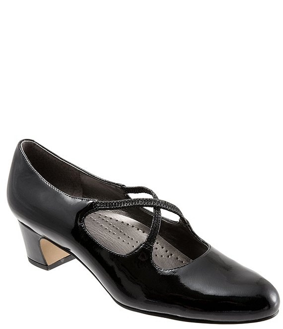 Color:Black Patent - Image 1 - Jamie Patent Leather Cross Over Band Block Heel Pumps