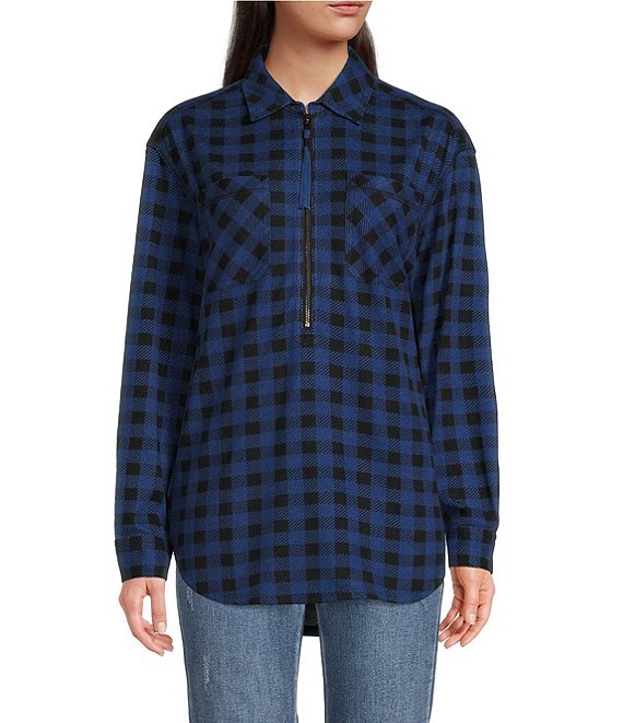 Color:Blue Print - Image 1 - Jersey Checked Print Point Collar Long Sleeve Zipper Top